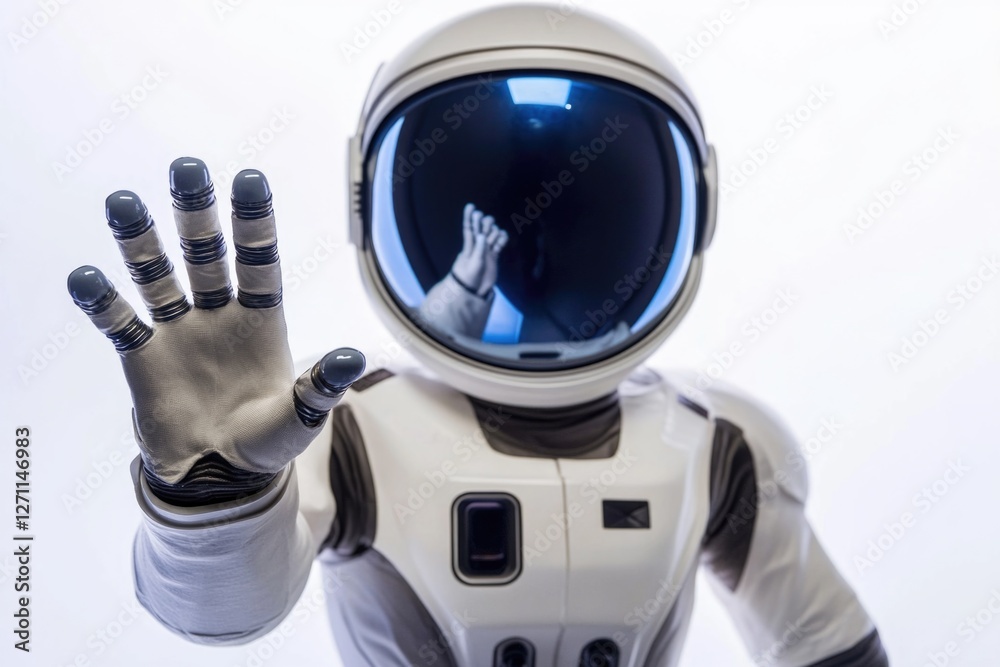 Poster an astronaut with his hand up in the air, floating in space