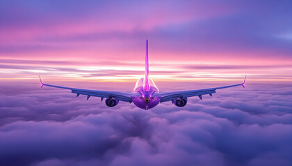 Airplane flying above clouds at sunset. Travel imagery and commercial use