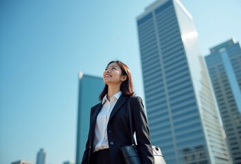 黒いスーツに身を包んだ日本人女性、都会のオフィス街で未来を見つめる - 希望、成功、キャリアを象徴するイメージ。企業の広告やビジネスシーンに最適。