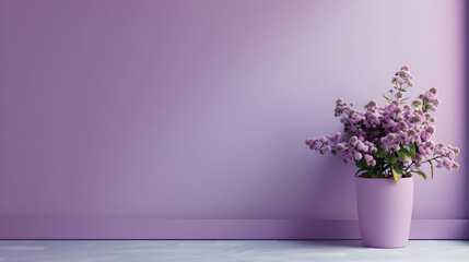 Fototapeta premium A serene interior scene featuring a lavender wall and a vibrant purple flower pot in a minimalist setting