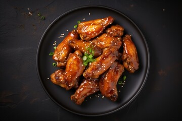 Top view of honey soy chicken wings on a dark stone plate