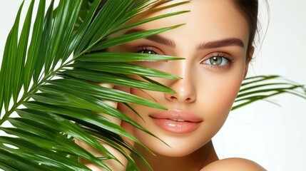 Fototapeta premium Beautiful young woman with flawless skin holding a tropical leaf, isolated on white background.
