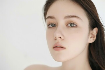 pretty multiracial woman with radian flawless skin and green eyes , facial and skincare and beauty industrial model