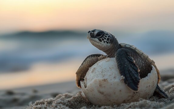 A baby sea turtle hatching from its egg on the beach