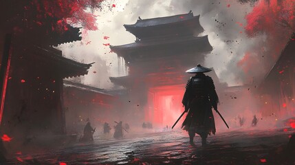 Futuristic Samurai Warrior in Battle Worn Ancient Temple Sci Fi Scene