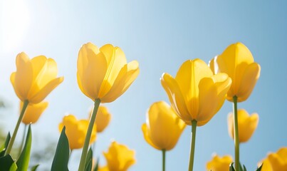 Fototapeta premium Sunny yellow tulips swaying in a gentle breeze under a clear sky, Generative AI
