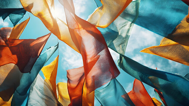 Colorful flags fluttering against a bright sky, symbolizing celebration and unity.