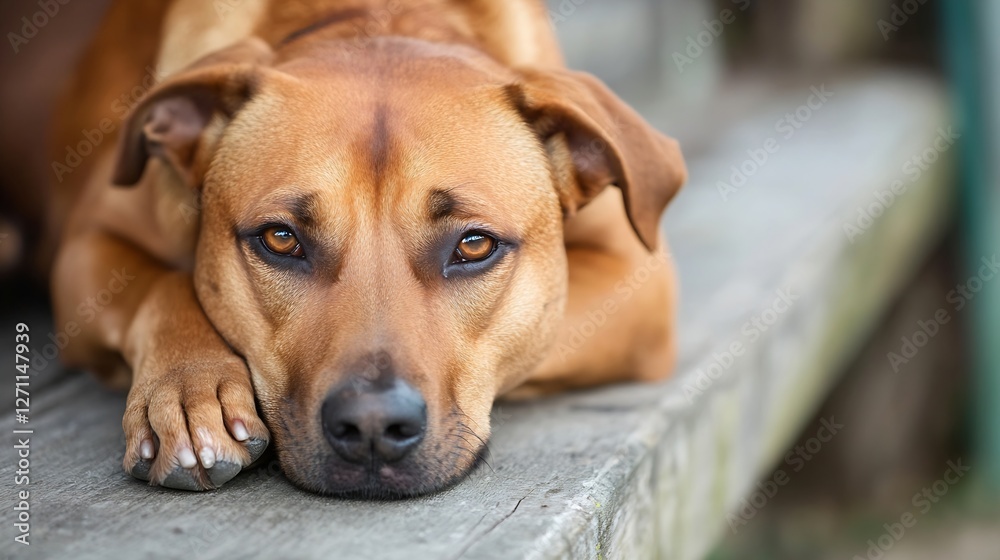 Poster Closeup of a relaxed brown dog resting on wooden steps with a calm expression : Generative AI
