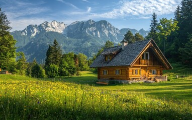 Fototapeta premium A beautiful wooden cottage with a thatched roof in an alpine meadow