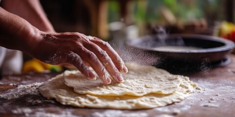 Hands preparing traditional mexican tortillas