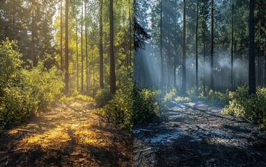 Obraz premium A before-and-after view of a lush forest turned into ash