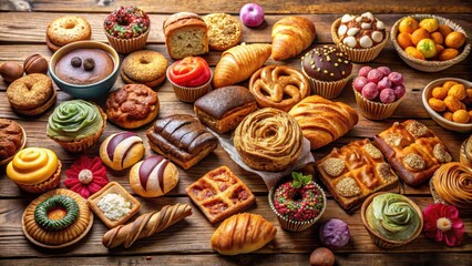 Colorful display of assorted baked goods on a wooden table, baked goods, fresh bakery goods