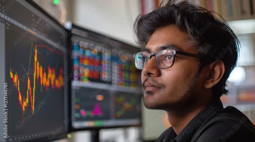 Poster a young man with glasses is deeply focused on analyzing financial charts on dual monitors in a conte