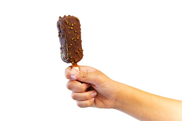 Ice cream covered with chocolate and almonds sticks in hand isolated white background.