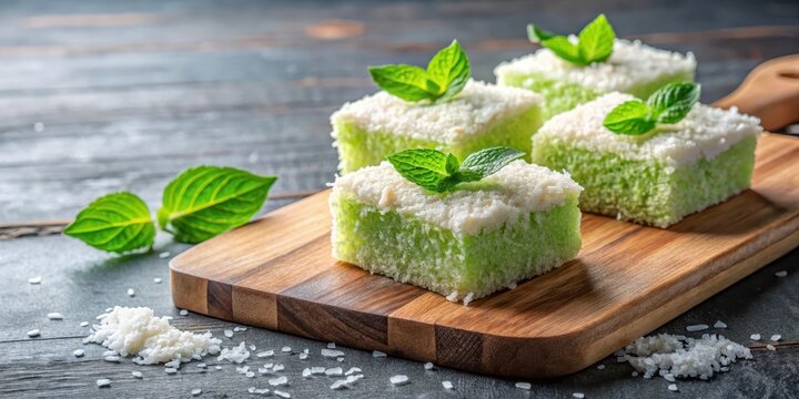 Moist sweet getuk lindri cake with grated coconut topping on a wooden cutting board
