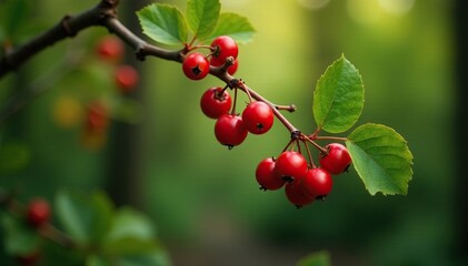 Curved rowan branch bends under the weight of red berries, woodland, rowan tree