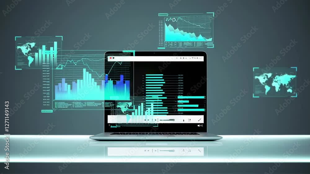 Poster Corporate strategy unfolding through dynamic charts, global data visualization emerging from laptop screen, representing business growth and international market analysis in high tech environment