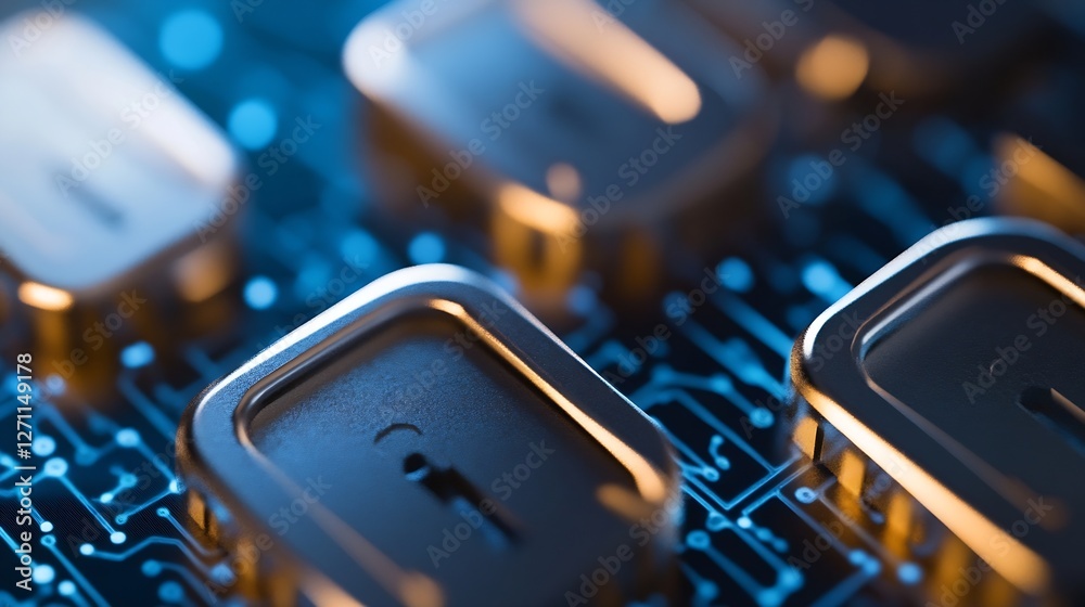 Poster Close up view of golden lock keys on circuit board glowing with blue light : Generative AI