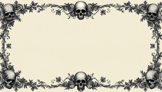 Decorative frame featuring floral, skull designs for graphic design use. Vintage illustration includes ornate decoration, gothic details, elegant style, unique artistic theme. Frame template,