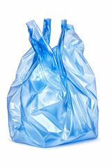 Blue plastic bag on white backdrop shows environmental concerns and single-use issues