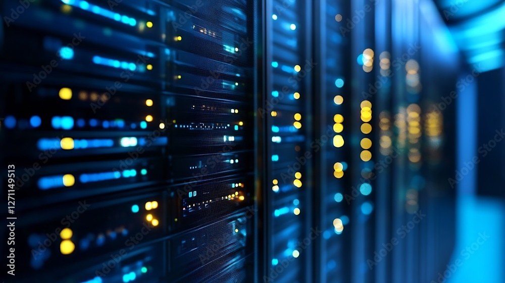 Fototapete closeup of illuminated server racks in a modern data center with blue lighting : generative ai