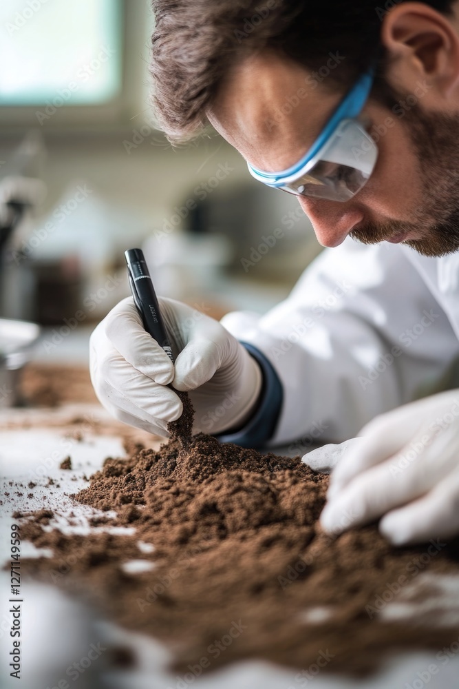 Poster a scientist examining his cellphone while wearing a lab coat and goggles