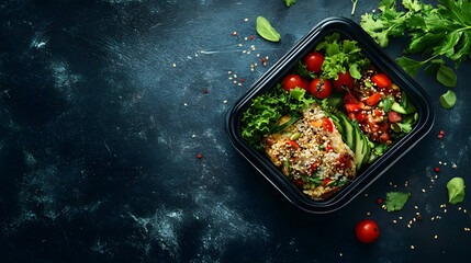 School lunch box with full meal top view with copy space 