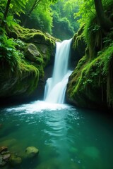 Emerald water cascading over moss-covered rocks, tropical, nature, green