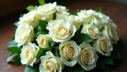 Obraz premium White rose and hydrangea bouquet placed on top of a large funeral heart-shaped wreath, mournful, white roses