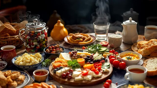 A Bountiful Traditional Breakfast Feast: Warm, Inviting, and Delicious! Golden sunlight streams across a table laden with freshly baked bread, fluffy scrambled eggs, crispy bacon, juicy fruits, and   