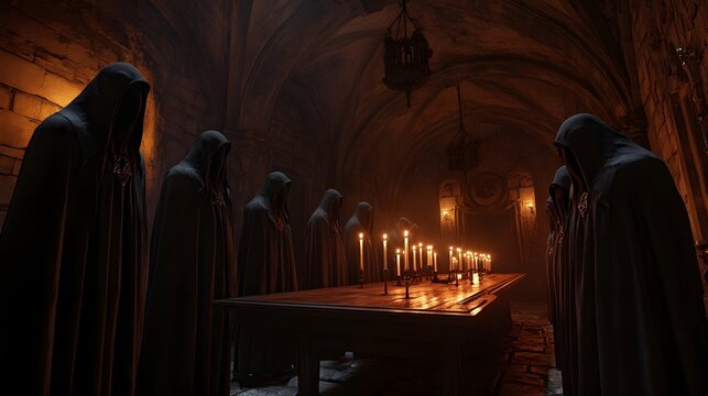 Medieval Coven Gathering in Moody Candlelit Gothic Monastery Halls - Powered by Adobe