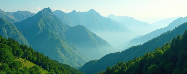 misty mountain range with emerald green peaks, scenery, background