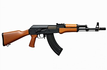 3D illustration of AK47 assault rifle isolated on white background. Automatic weapon with black magazine, wooden handle, used in army, war conflict, counter-terrorism. Firearm designed by Kalashnikov.