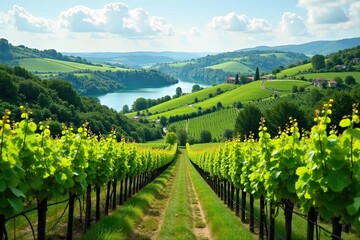 Fototapeta premium Rolling hills of vines with distant buildings and a serene dam, rolling hills, vineyards, green fields