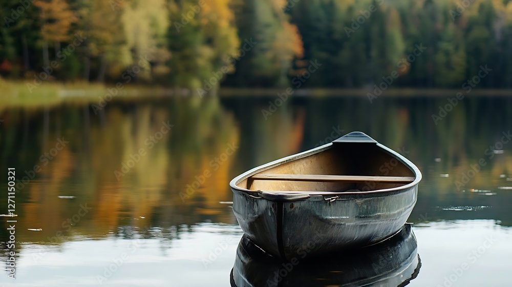 Poster Serene Canoe Floating on Calm Lake Surrounded by Autumn Colors and Dense Forest Reflections : Generative AI