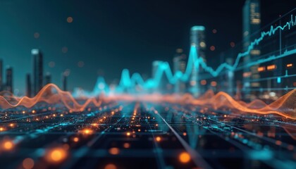 Fototapeta premium Virtual stock market financial charts over dark blue background on digital screen. Finance advisory, international consulting business concept. Futuristic interface with line graphs, numbers, data