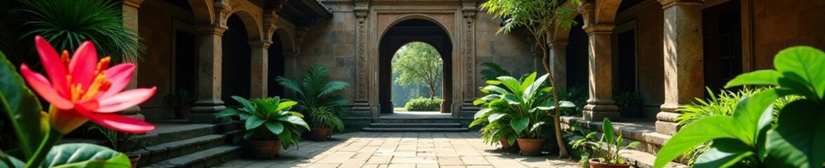 Exotic flowers bloom in ancient temple courtyard, tropical, exotic