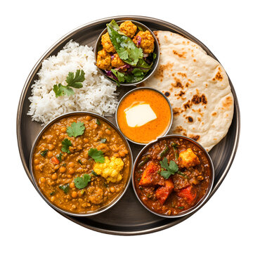Delicious Indian Thali Curries, Rice, Naan, and Vegetables