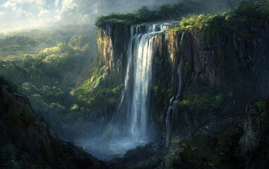 A breathtaking view of a massive waterfall cascading down a lush green cliff