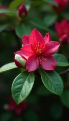 Obraz premium A small white bud protrudes from a branch of a flowering shrub, foliage, flower bud, red rhododendron