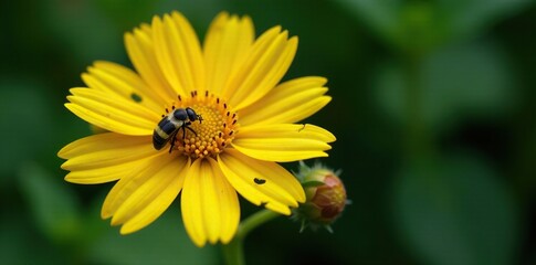 Damaged yellow flower with beetle holes and wilting leaves, wilted petals, flora