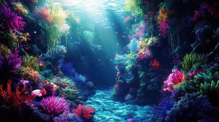 Naklejka premium Vibrant Underwater Coral Reef Scene With Fish