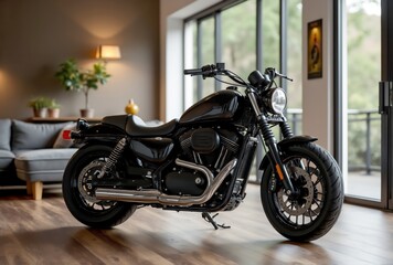 Black Cruiser Motorcycle in Modern Living Room