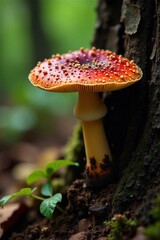 Fototapeta premium Armillaria ostoyae growing on decaying wood branches, tree bark, dark brown color