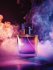 Mystic aura surrounding a luxurious perfume bottle in vibrant smoke