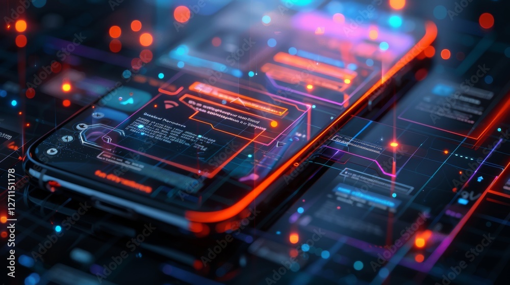 Poster A smartphone displays vibrant digital interfaces with glowing elements and data streams, encapsulating a high tech atmosphere in a darkened environment.