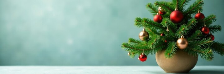 Fototapeta premium Evergreen pine tree with colorful ornaments in a vase, evergreen, Christmas, colorful