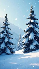 Fototapeta premium Softly falling snowflakes on a serene winter landscape with snow-covered fir trees, natural, landscape