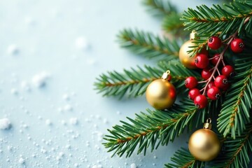 Evergreen branch with red berries and golden ornaments against a snowy background, evergreen, seasonal, decoration