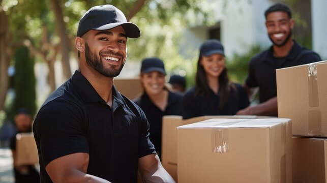 Diverse team of professional movers delivering boxes, 